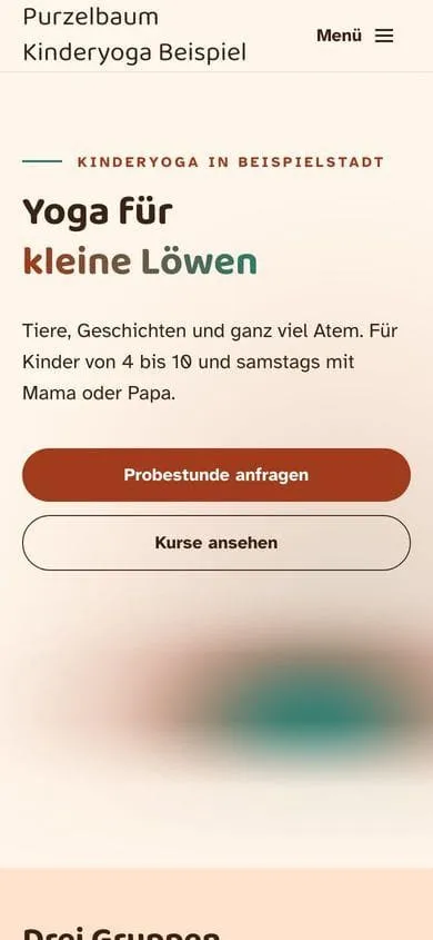 Startseite von Purzelbaum Kinderyoga Beispiel in Pfirsich und Rotbraun am Handy