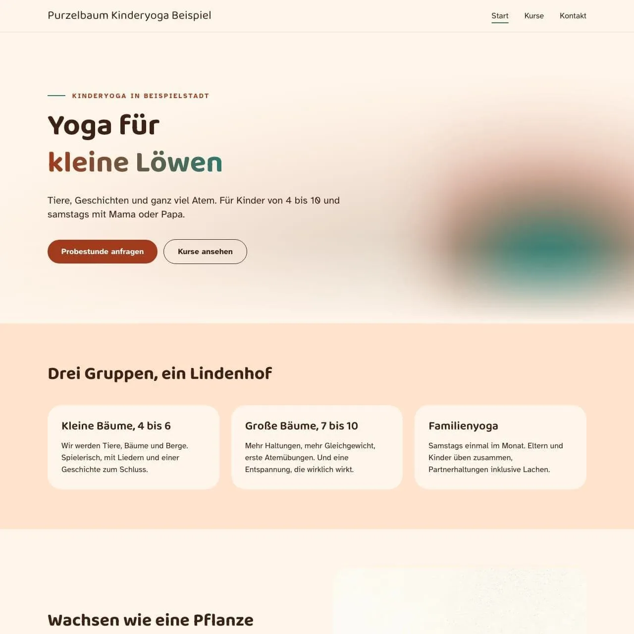 Startseite von Purzelbaum Kinderyoga Beispiel in Pfirsich und Rotbraun am Rechner
